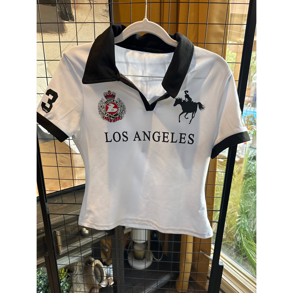 SHEIN Clasi Los Angeles Polo Shirt White Black fits like a small